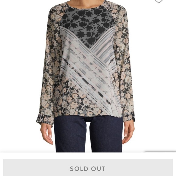 20. Calvin Klein Multi-Media Print Blouse in Grey and Black and Tan - Picture 15 of 15